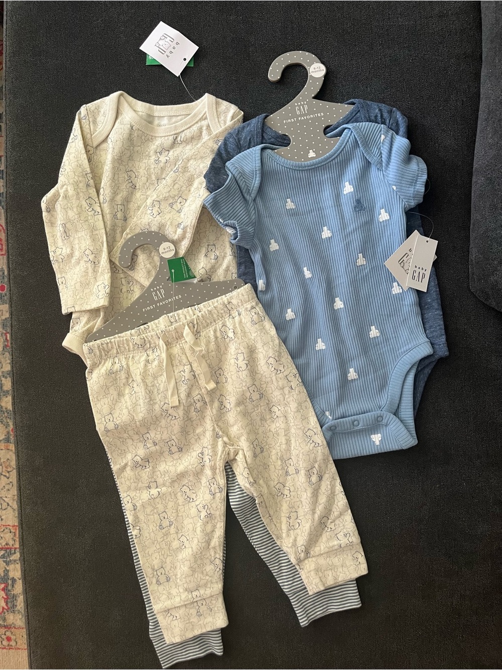 GAP Blue Ribbed & Cream Printed Baby Onesie and Pants Sets 6-9months Bundle